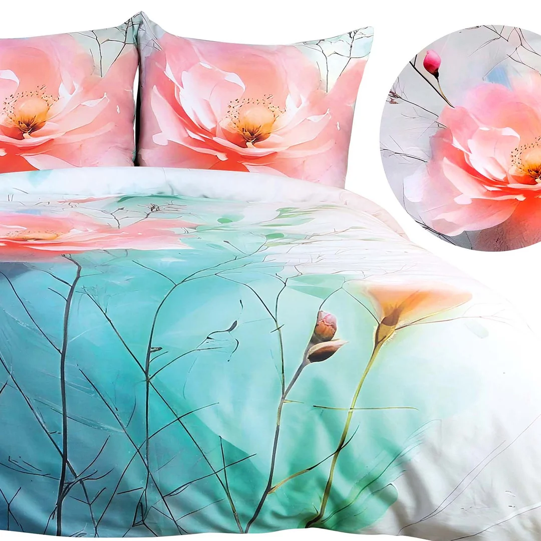 Pościel satynowa 160x200 jasna w różowe kwiaty i zielone liście delikatna elegancka - SATYNLOVE PREMIUM — zdjęcie 9