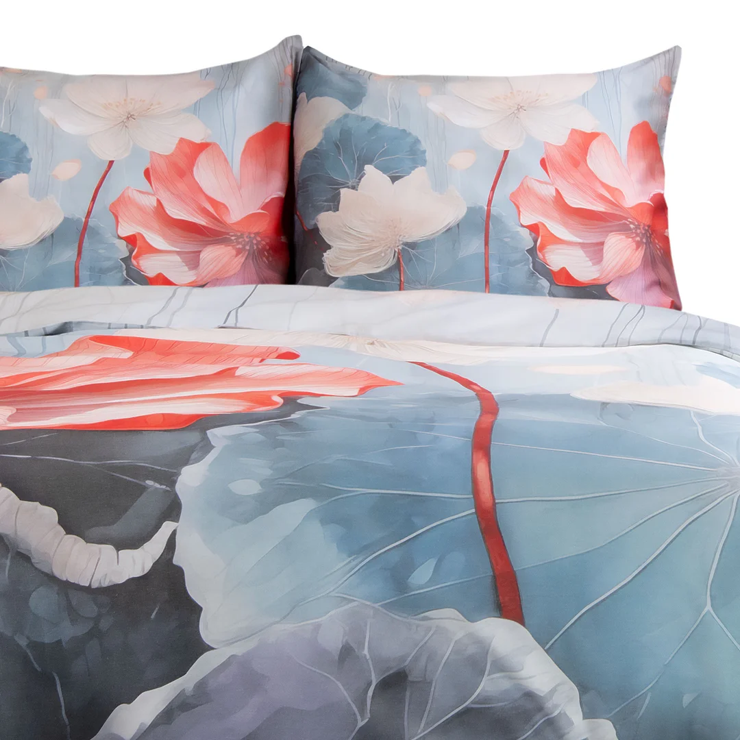 Pościel satynowa 160x200 Kwiaty niebieska czerwona 12406 SATYNLOVE PREMIUM — zdjęcie 4