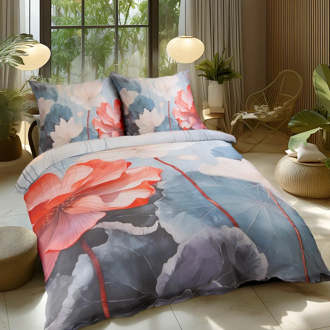 Pościel satynowa 160x200 Kwiaty niebieska czerwona 12406 SATYNLOVE PREMIUM — zdjęcie 5