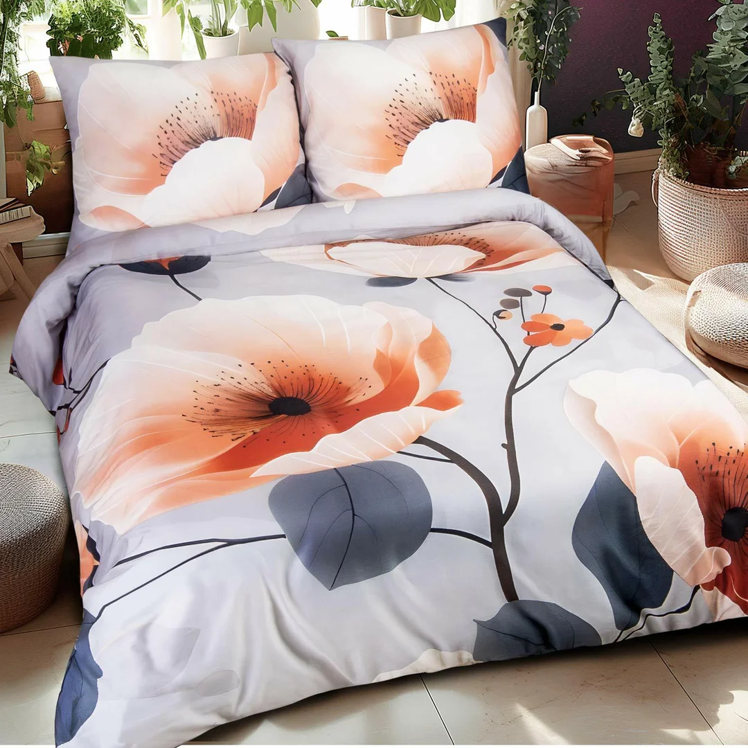 Pościel satynowa 160x200 Kwiaty szara morelowa 12409 SATYNLOVE PREMIUM — zdjęcie 2