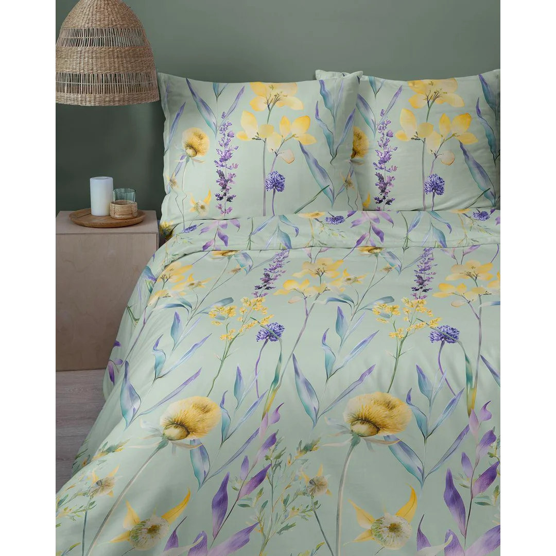 Pościel satynowa 160x200 miętowa w pastelowe kwiaty – 5811 A – Botanica Satin — zdjęcie 2