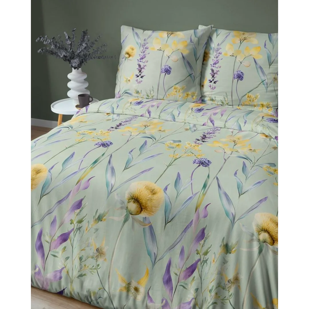 Pościel satynowa 160x200 miętowa w pastelowe kwiaty – 5811 A – Botanica Satin — zdjęcie 3