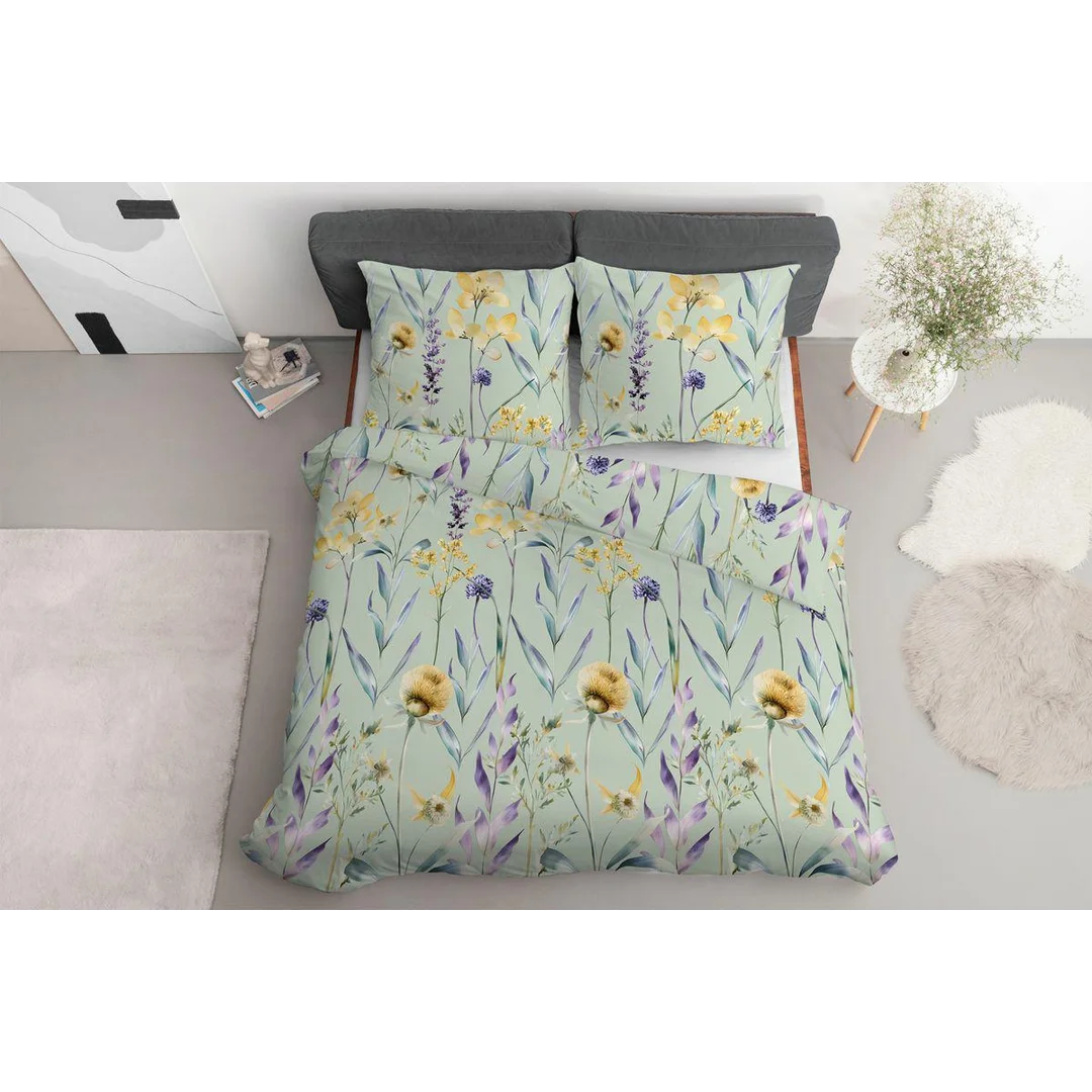 Pościel satynowa 160x200 miętowa w pastelowe kwiaty – 5811 A – Botanica Satin — zdjęcie 4