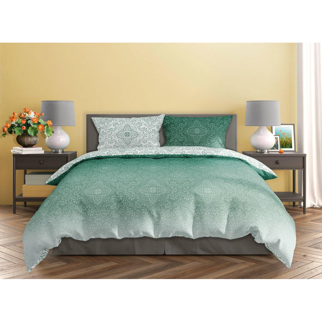 Pościel satynowa 160x200 Milagro Verde 023 biała zielona ornamenty Faro — zdjęcie 2