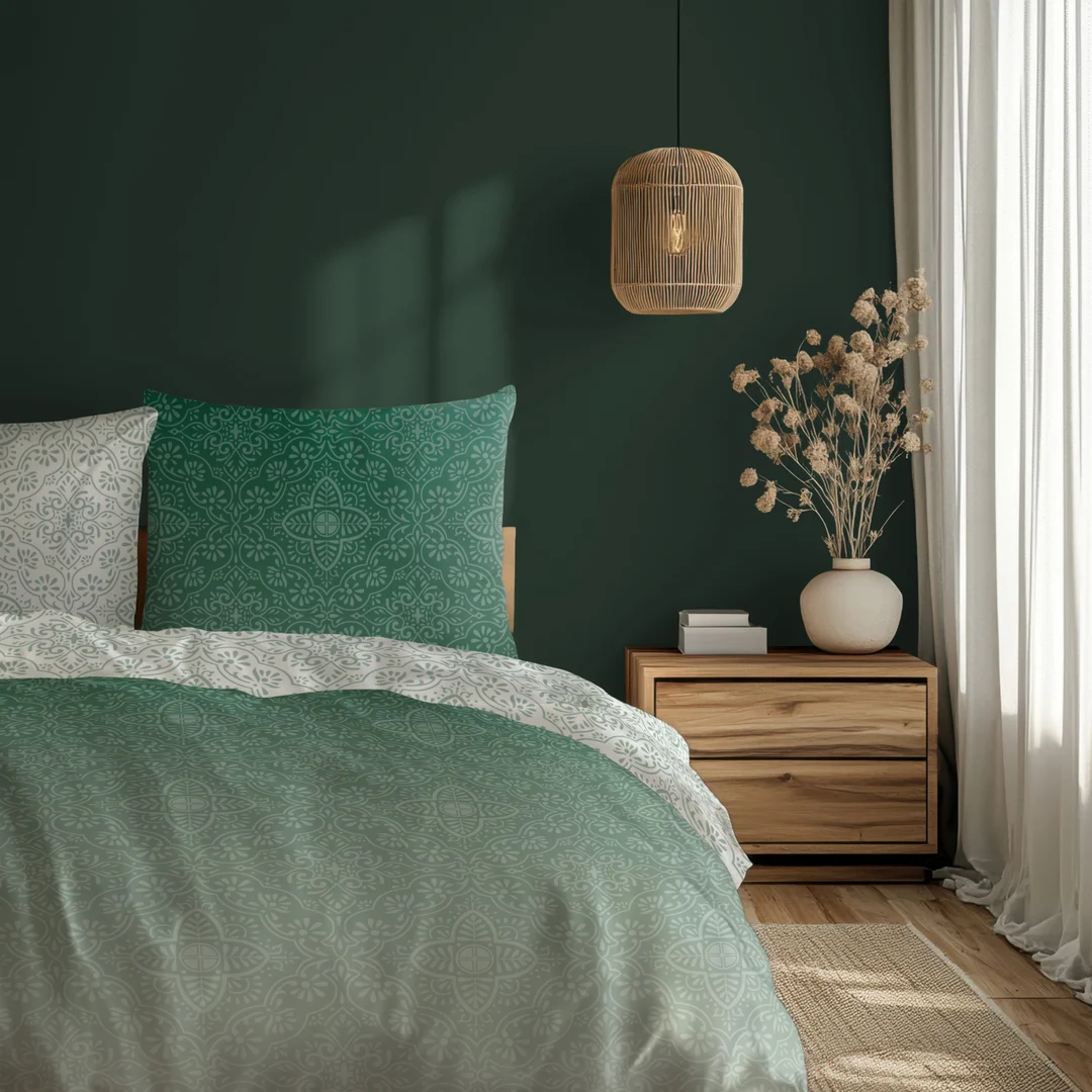 Pościel satynowa 160x200 Milagro Verde 023 biała zielona ornamenty Faro — zdjęcie 3