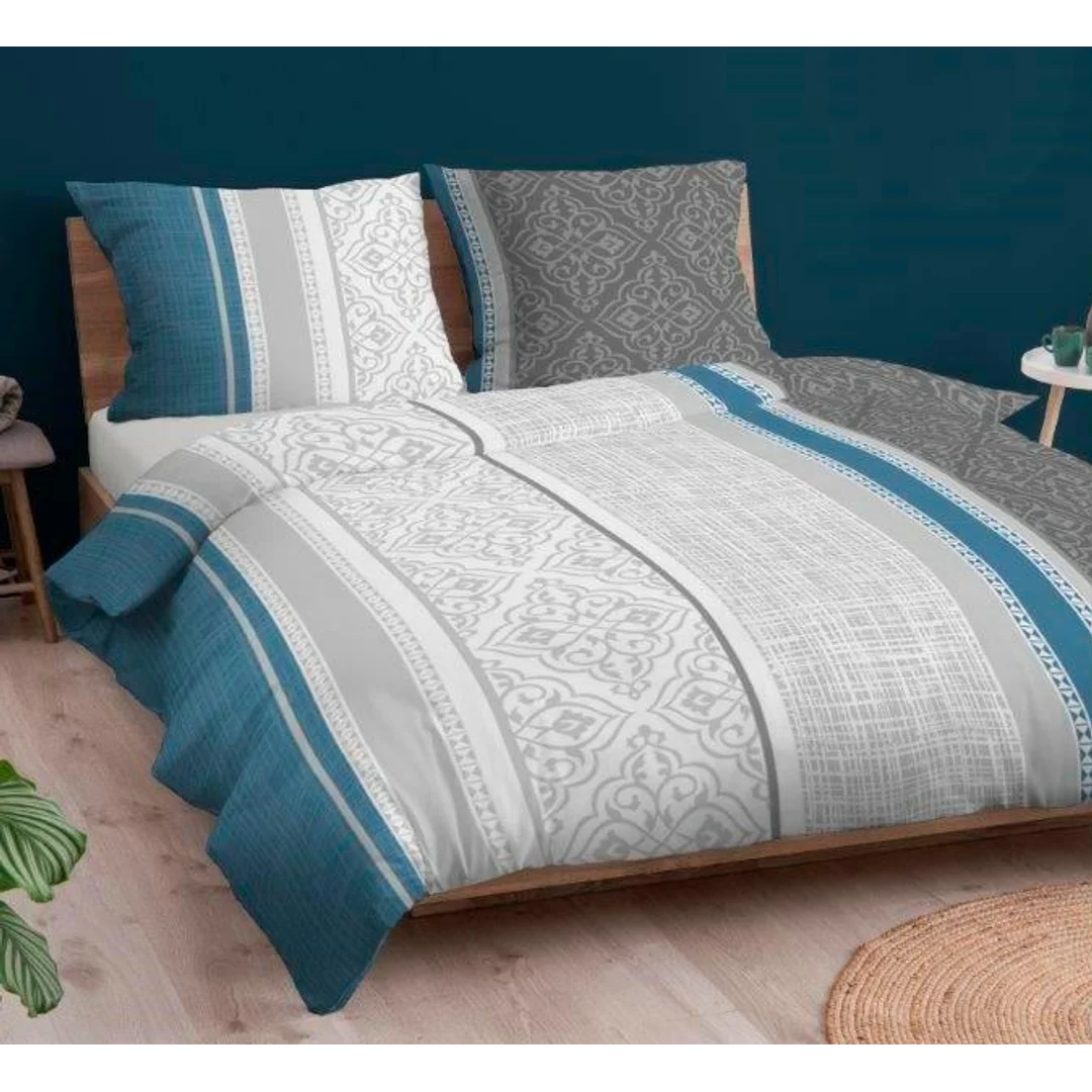 Pościel satynowa 160x200 niebieska szara ornamenty zapinana na suwak 3567 D KARO Satin — zdjęcie 2