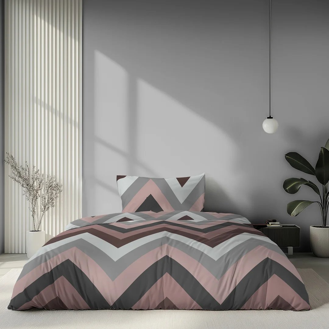 Pościel satynowa 160x200 różowa szara w zygzaki - 6063 A - Home Satin — zdjęcie 2