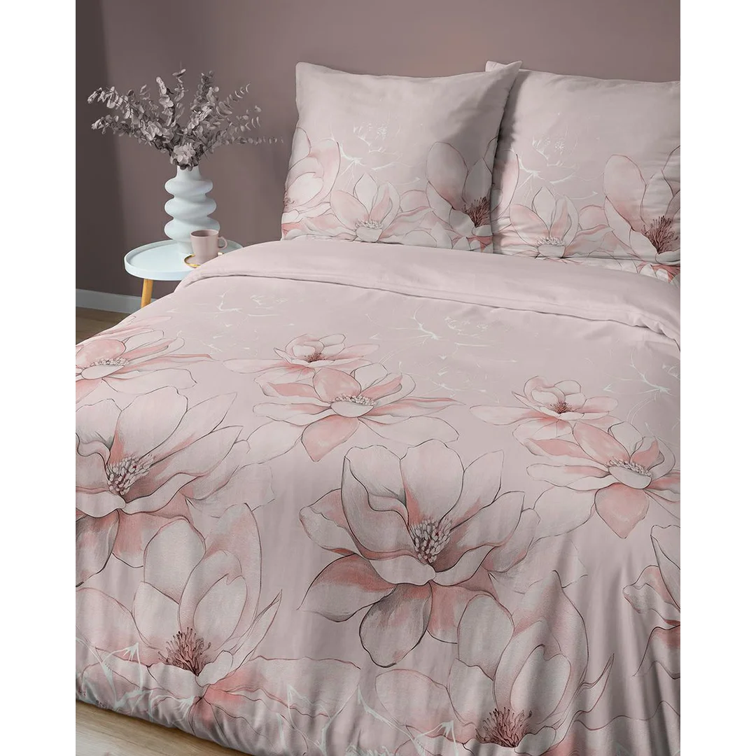 Pościel satynowa 160x200 różowa w duże kwiaty magnolii - 5802 B - Satynowa Harmonia — zdjęcie 4