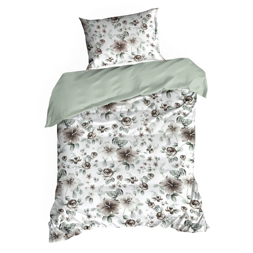 Pościel satynowa 160x200 Spring 67 biała stalowa kwiaty Eurofirany — zdjęcie 3