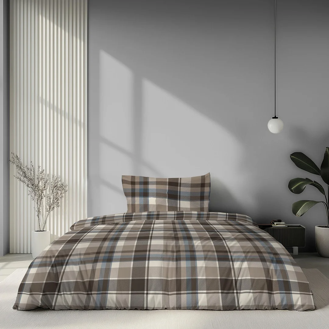 Pościel satynowa 180x200 beżowa brązowa szara w kratę - 6072 B - Home Satin — zdjęcie 2