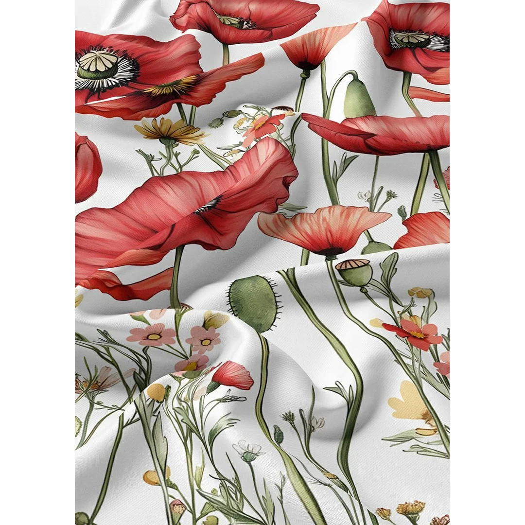 Pościel satynowa 180x200 biała w czerwone maki i łąkowe kwiaty - 5779 A - Satynowa Harmonia — zdjęcie 3