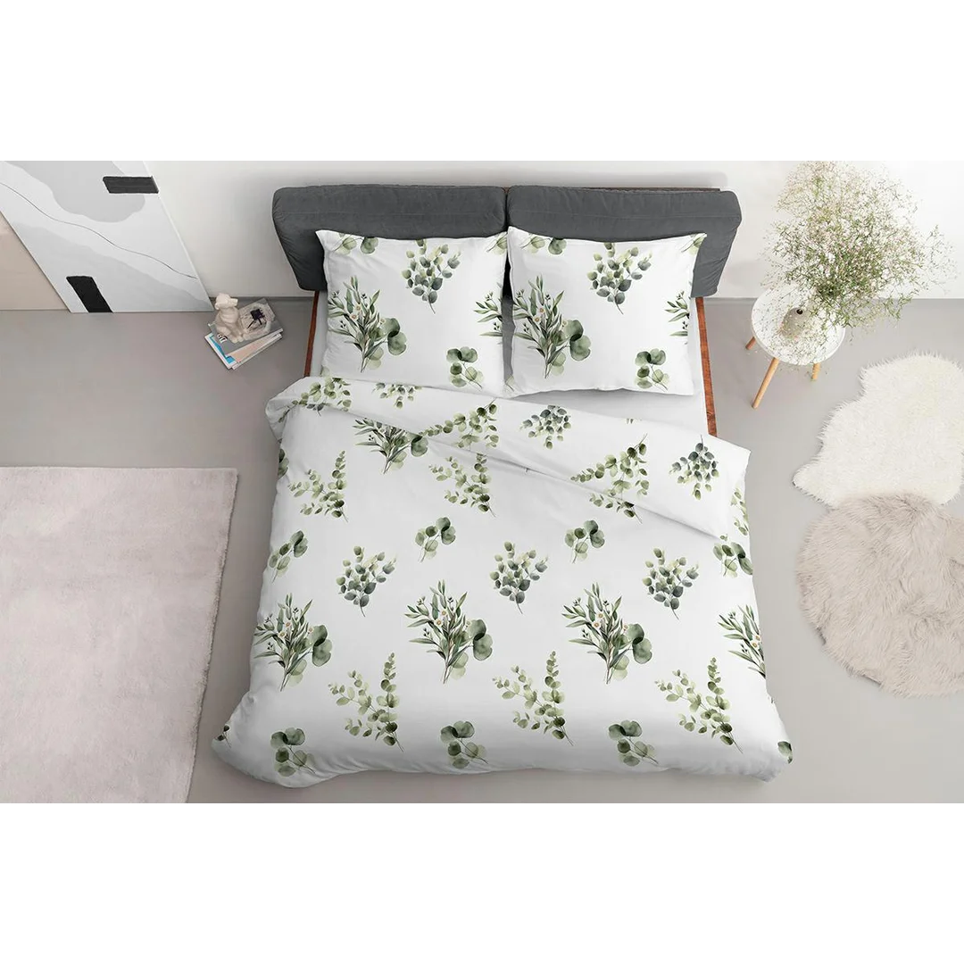 Pościel satynowa 180x200 biała w drobne gałązki eukaliptusa zielone - 5801 A - Satynowa Harmonia — zdjęcie 5