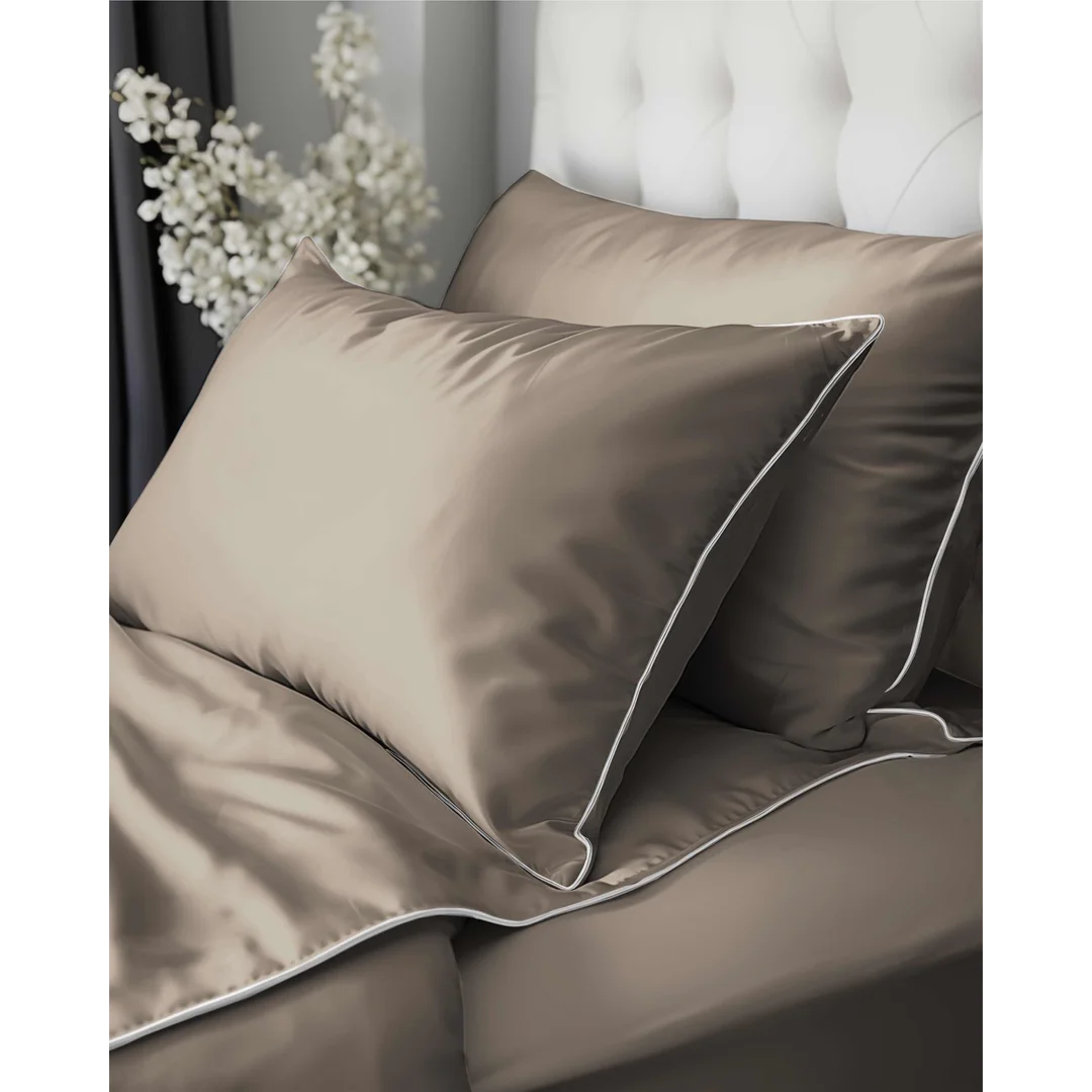 Pościel satynowa 180x200 taupe z lamówką Mako Satin 62 — zdjęcie 5