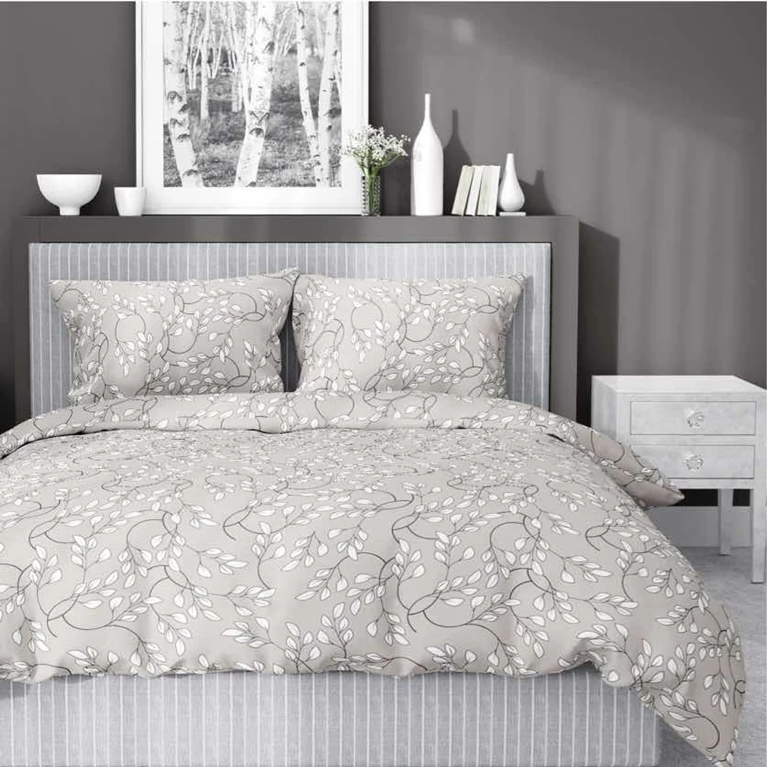 Pościel satynowa 220x200 beżowa szara jasna liście drobne 5217 B Home Satin 41 — zdjęcie 6