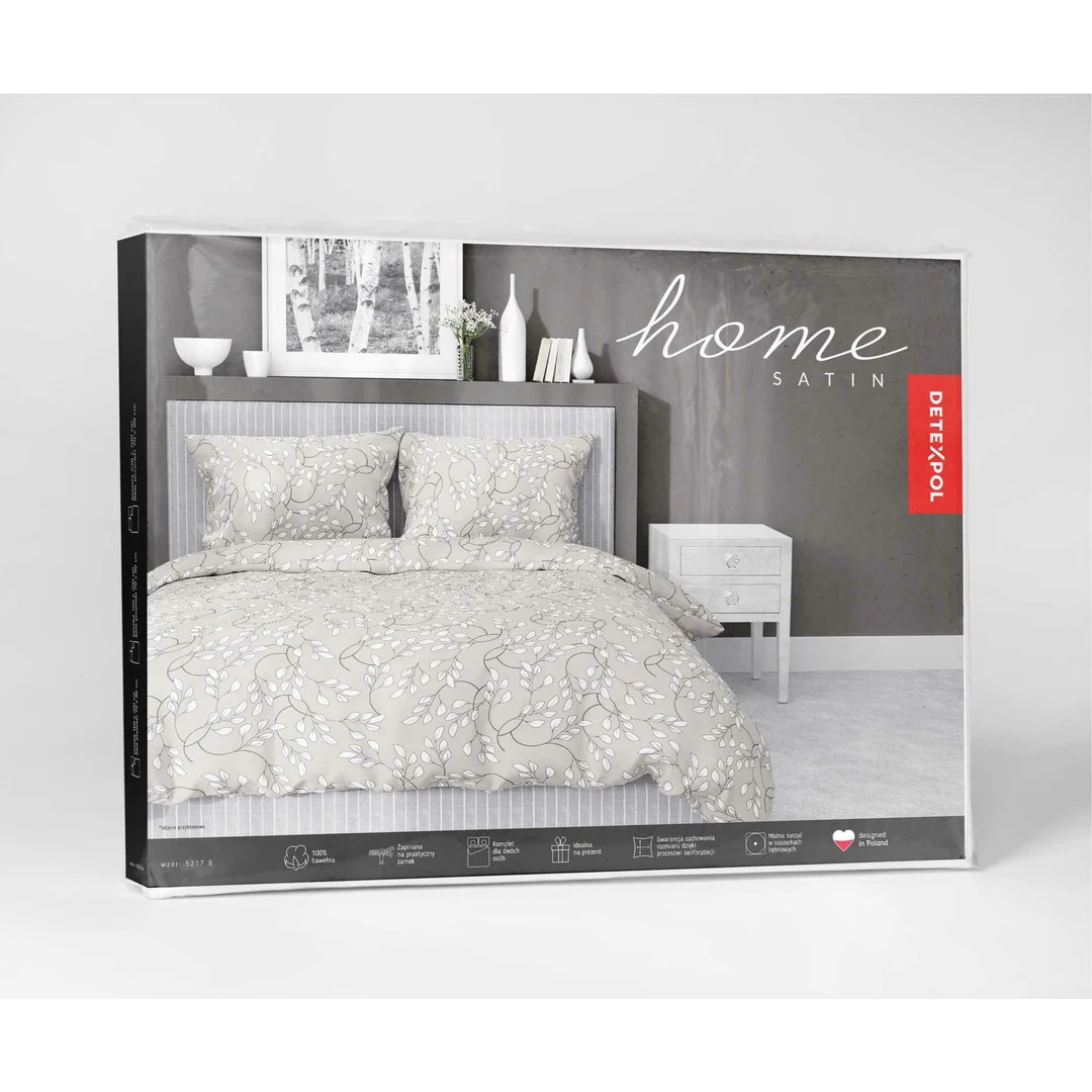 Pościel satynowa 220x200 beżowa szara jasna liście drobne 5217 B Home Satin 41 — zdjęcie 8