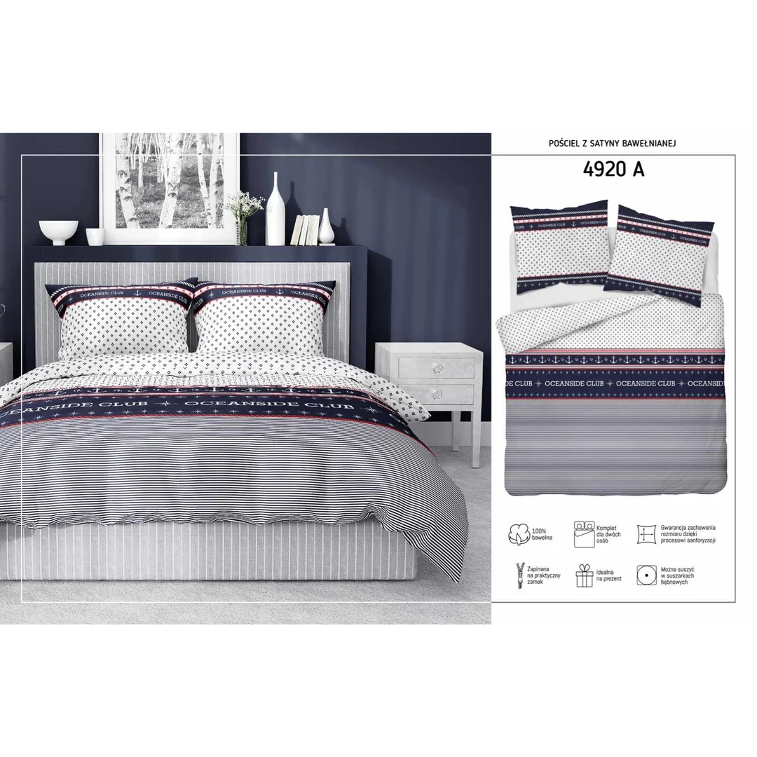 Pościel satynowa 220x200 biała granatowa marynarska 4920 A Home Satin 81 — zdjęcie 2