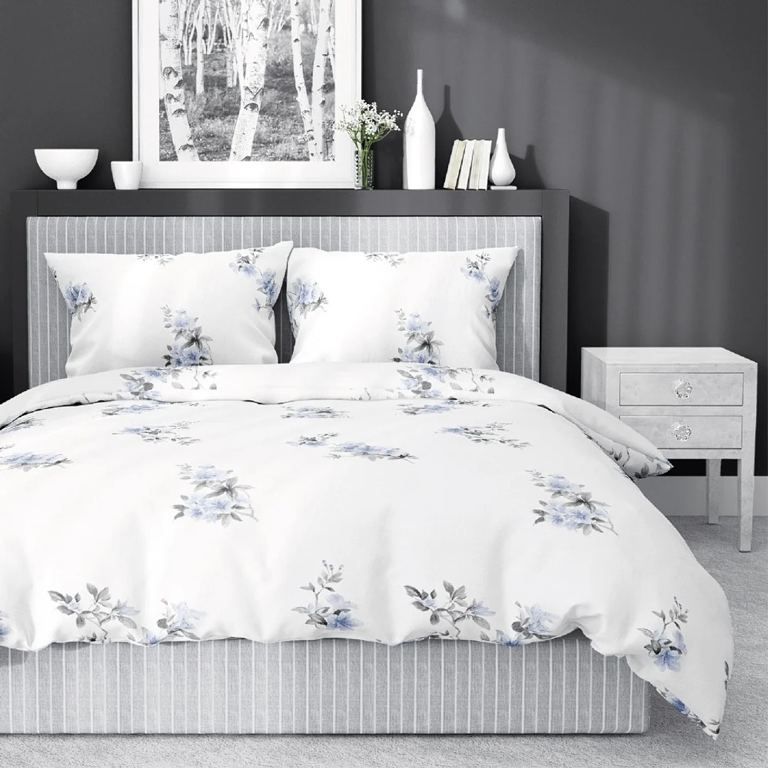 Pościel satynowa 220x200 biała niebieska kwiaty 4403 A Home Satin 122 — zdjęcie 2