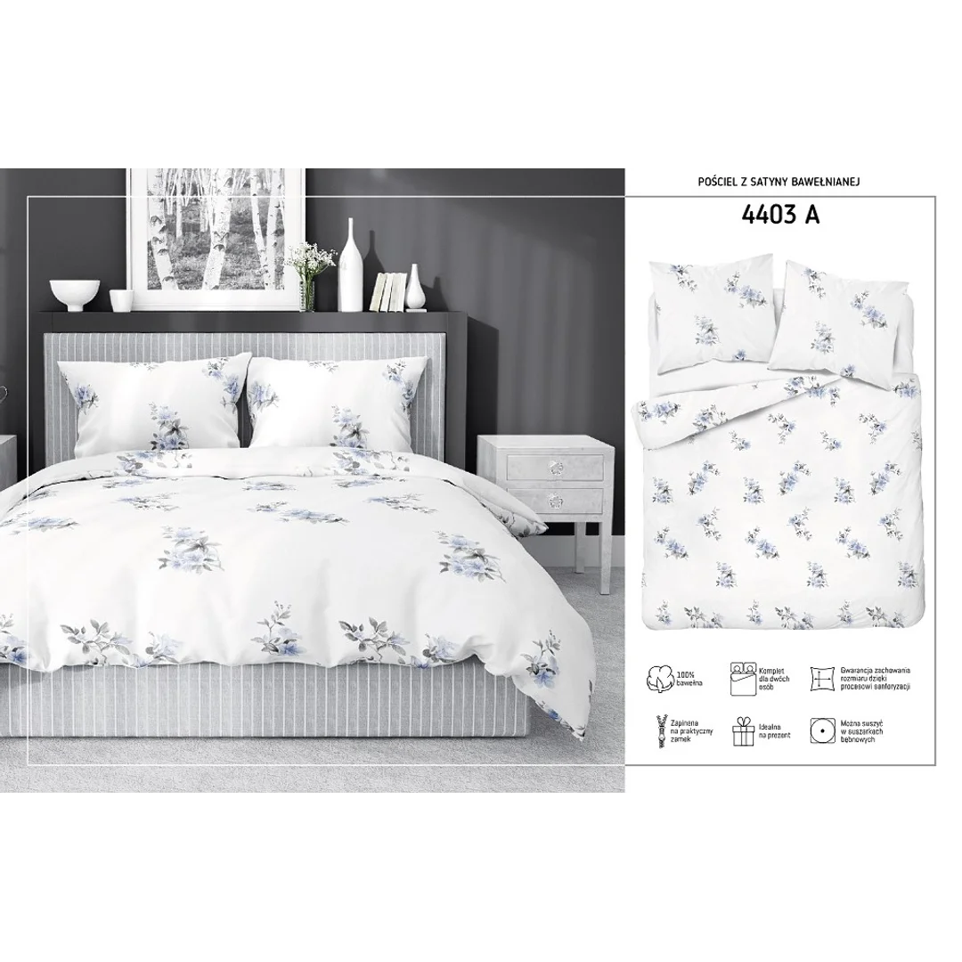 Pościel satynowa 220x200 biała niebieska kwiaty 4403 A Home Satin 122 — zdjęcie 4