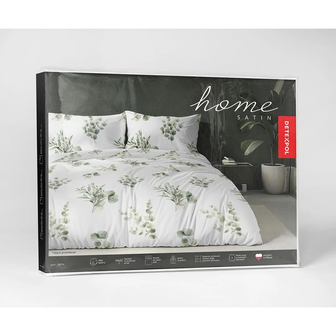 Pościel satynowa 220x200 biała w drobne gałązki eukaliptusa zielone - 5801 A - Satynowa Harmonia — zdjęcie 6