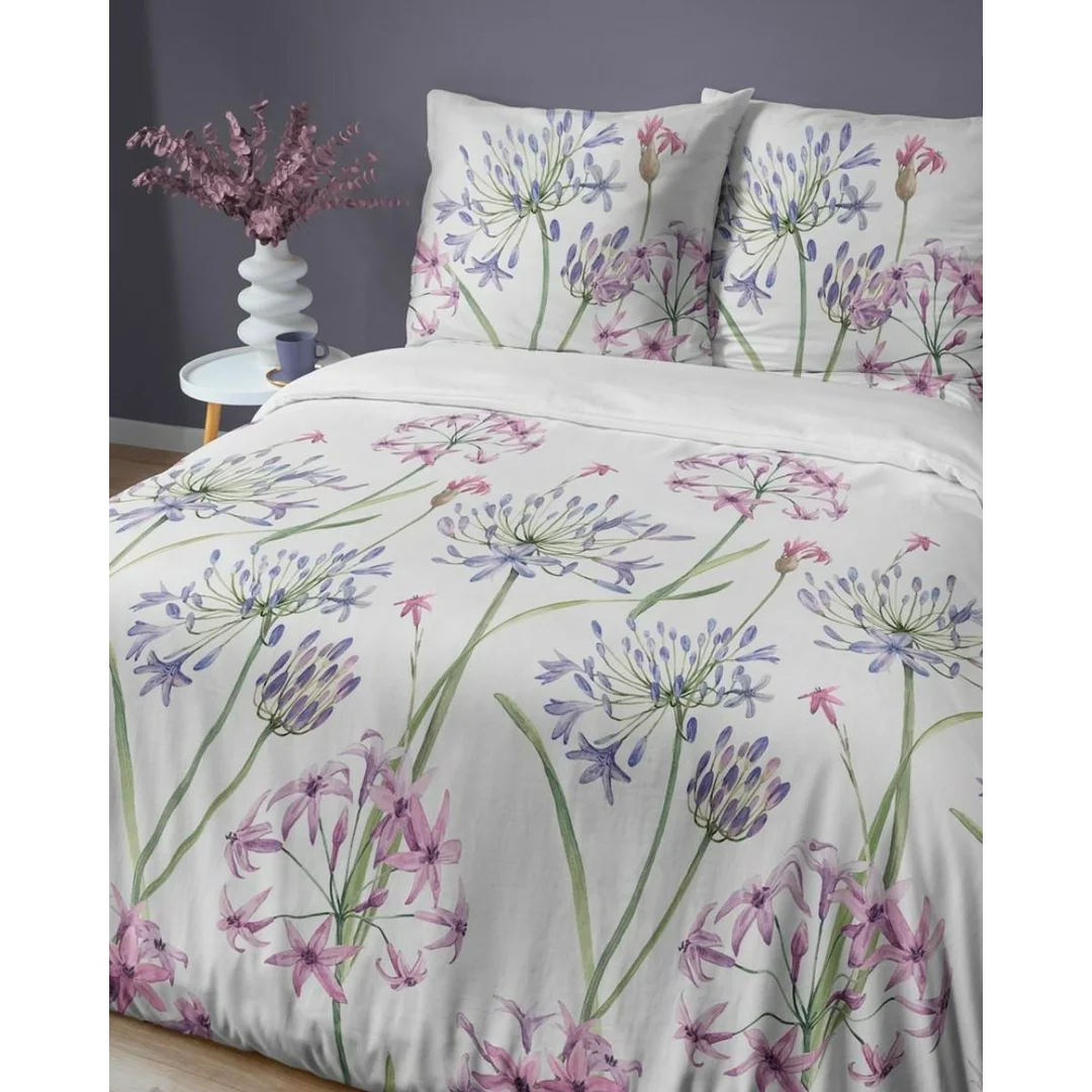 Pościel satynowa 220x200 biała w kwiaty fioletowo-różowe – 5809 A – Botanica Satin — zdjęcie 3