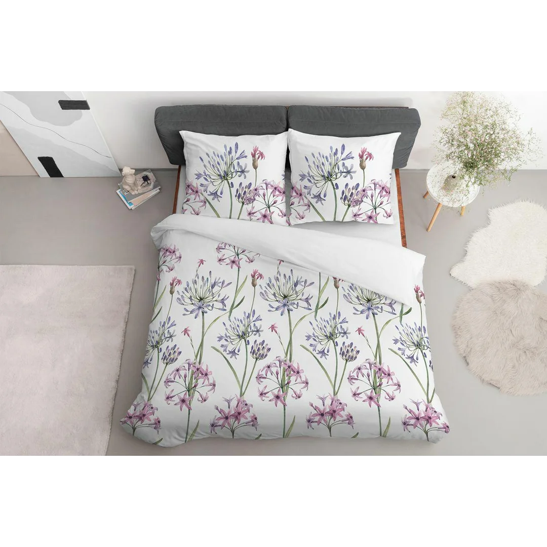 Pościel satynowa 220x200 biała w kwiaty fioletowo-różowe – 5809 A – Botanica Satin — zdjęcie 4