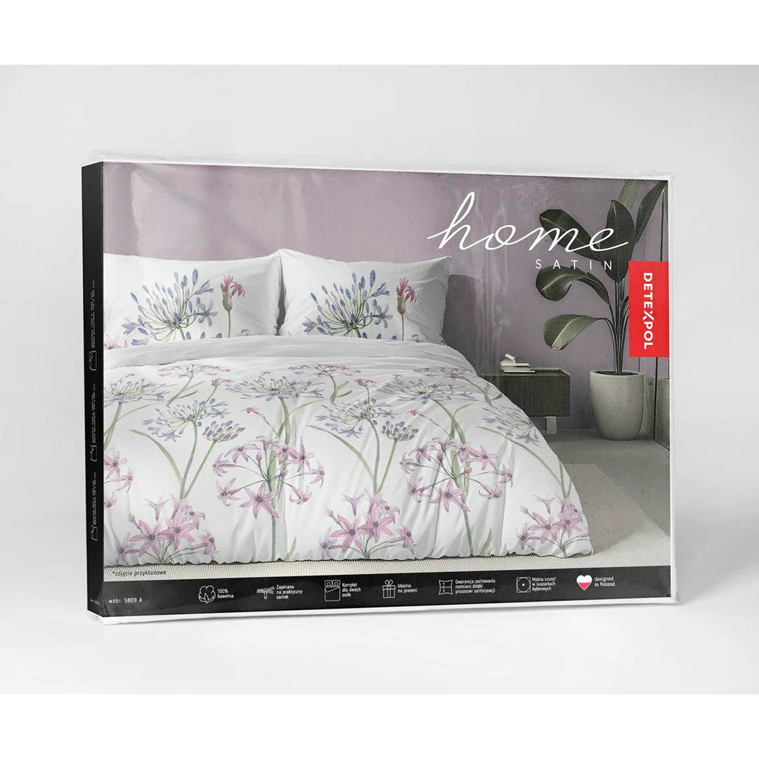 Pościel satynowa 220x200 biała w kwiaty fioletowo-różowe – 5809 A – Botanica Satin — zdjęcie 5