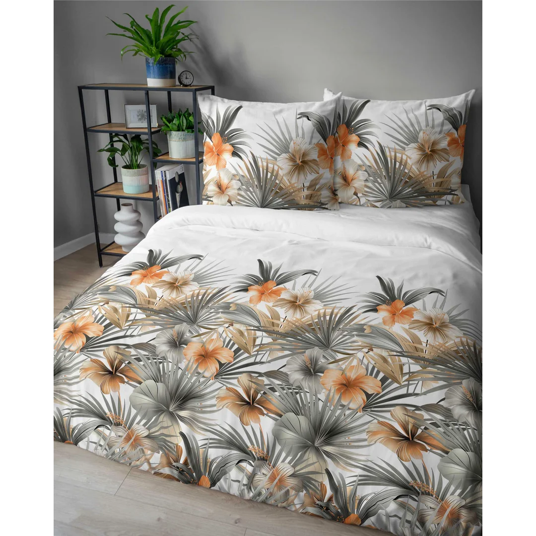 Pościel satynowa 220x200 Biała w pomarańczowe kwiaty i palmy – styl tropikalny, 100% bawełna - 5479 A - Home Satin 71 — zdjęcie 3