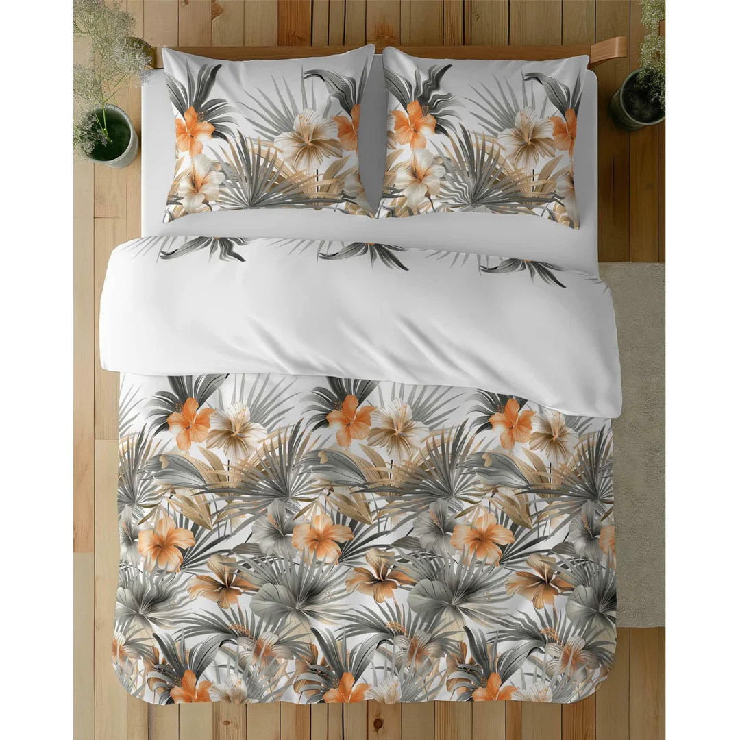 Pościel satynowa 220x200 Biała w pomarańczowe kwiaty i palmy – styl tropikalny, 100% bawełna - 5479 A - Home Satin 71 — zdjęcie 4