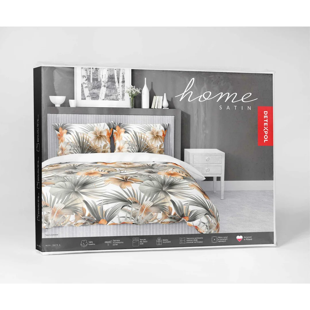 Pościel satynowa 220x200 Biała w pomarańczowe kwiaty i palmy – styl tropikalny, 100% bawełna - 5479 A - Home Satin 71 — zdjęcie 5