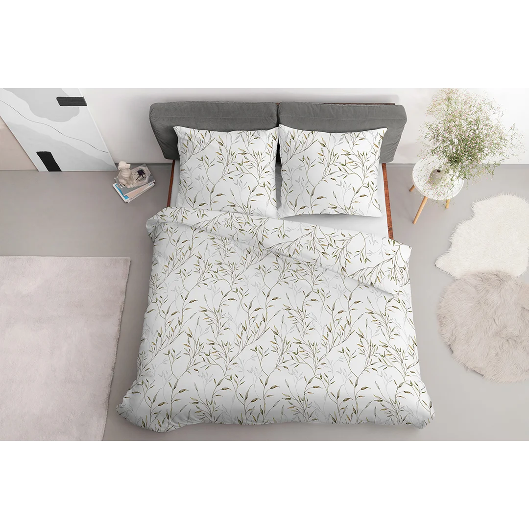 Pościel satynowa 220x200 biała w zielone liście - 5992 A - Home Satin — zdjęcie 2