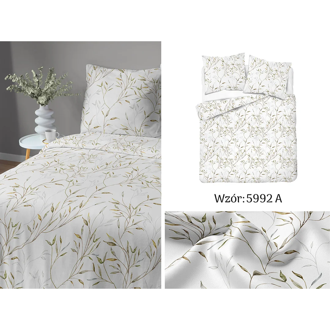 Pościel satynowa 220x200 biała w zielone liście - 5992 A - Home Satin — zdjęcie 6