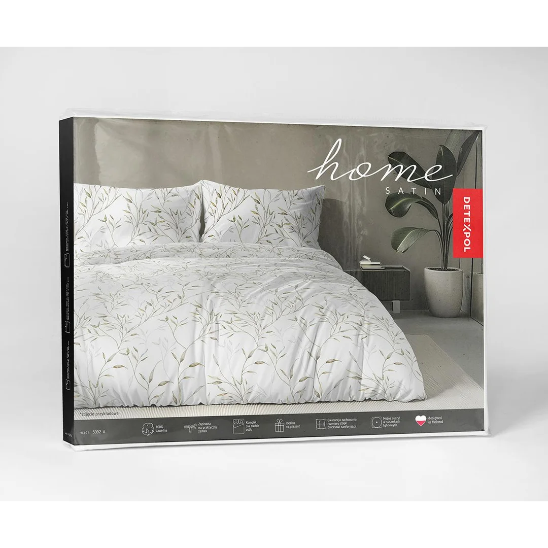 Pościel satynowa 220x200 biała w zielone liście - 5992 A - Home Satin — zdjęcie 8