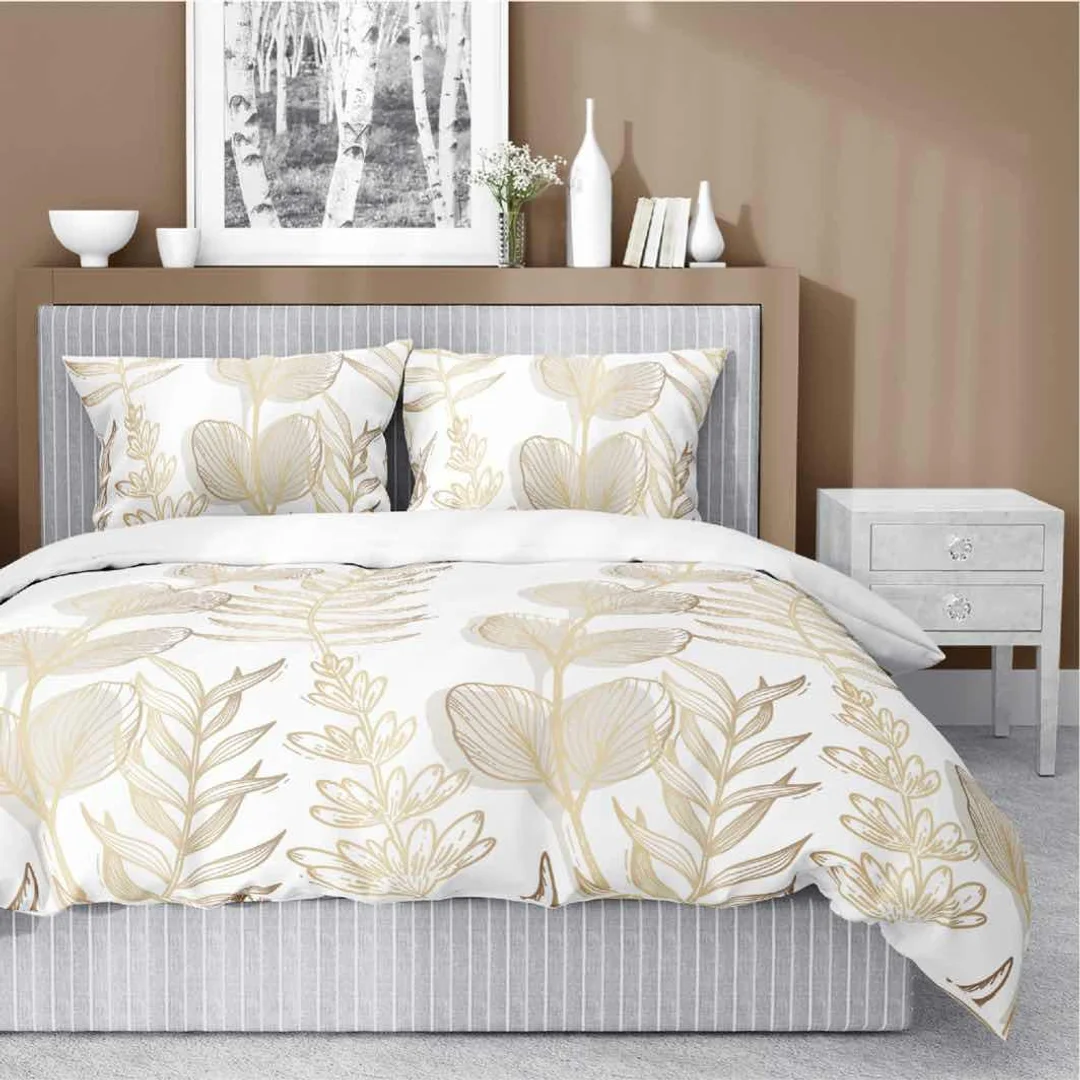 Pościel satynowa 220x200 Biała w złoto-beżowe liście – elegancki wzór, 100% bawełna 5477 B - Home Satin 71 — zdjęcie 3