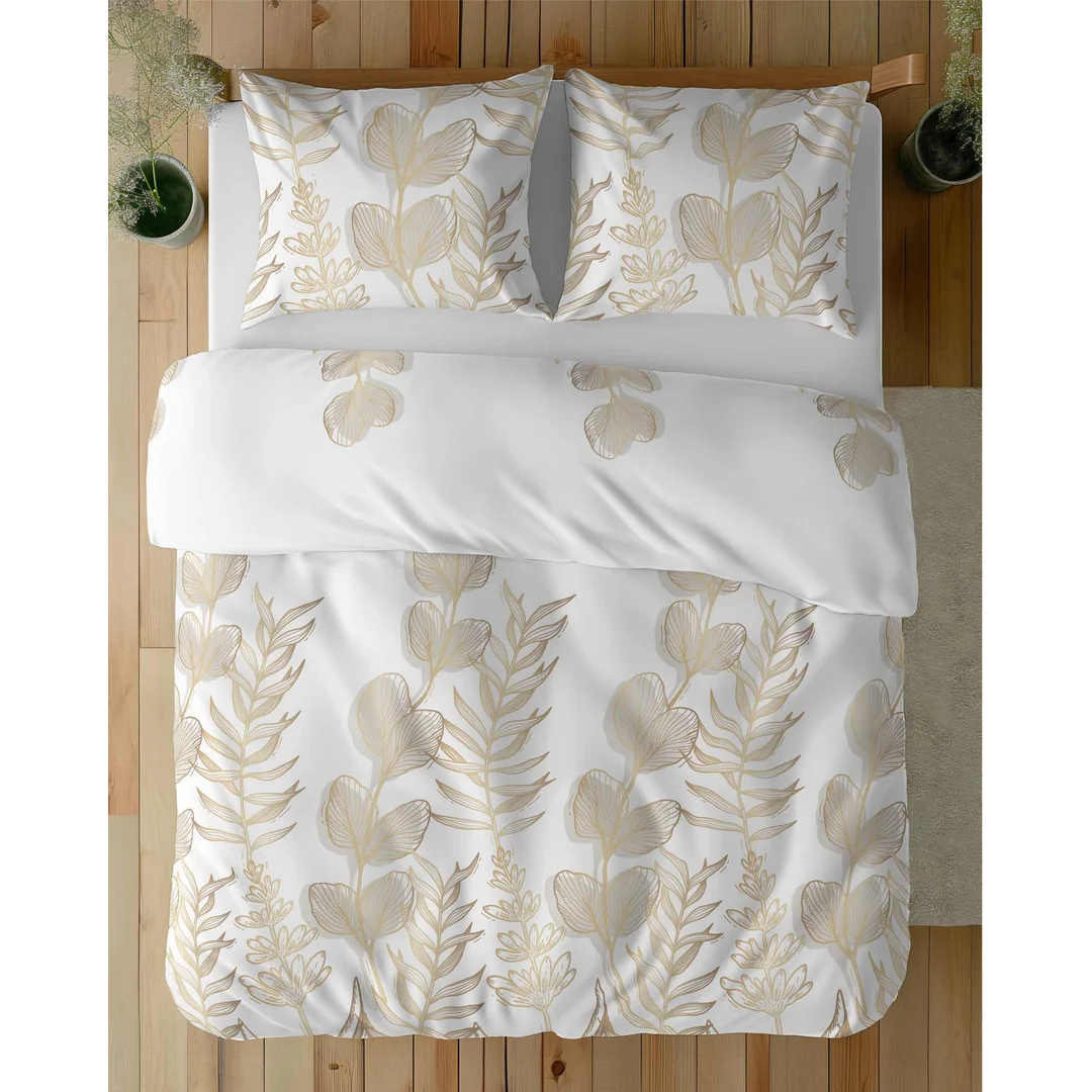 Pościel satynowa 220x200 Biała w złoto-beżowe liście – elegancki wzór, 100% bawełna 5477 B - Home Satin 71 — zdjęcie 4
