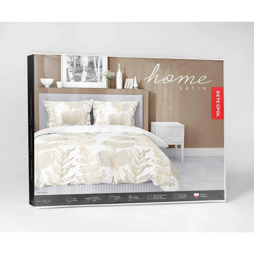 Pościel satynowa 220x200 Biała w złoto-beżowe liście – elegancki wzór, 100% bawełna 5477 B - Home Satin 71 — zdjęcie 5