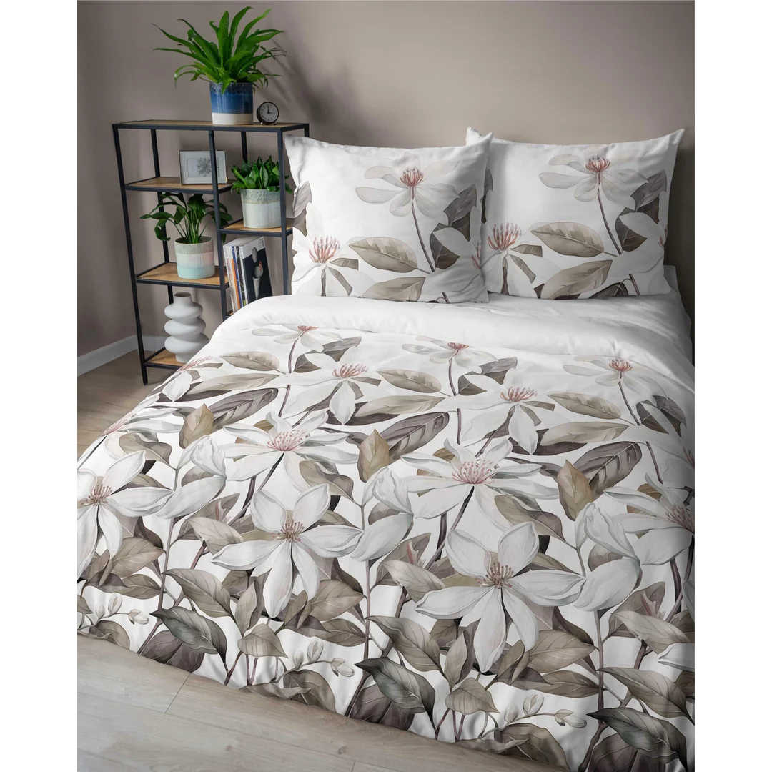 Pościel satynowa 220x200 Biała z beżowymi liśćmi i kwiatami – naturalna elegancja, 100% bawełna - 5481 B - Home Satin 71 — zdjęcie 2