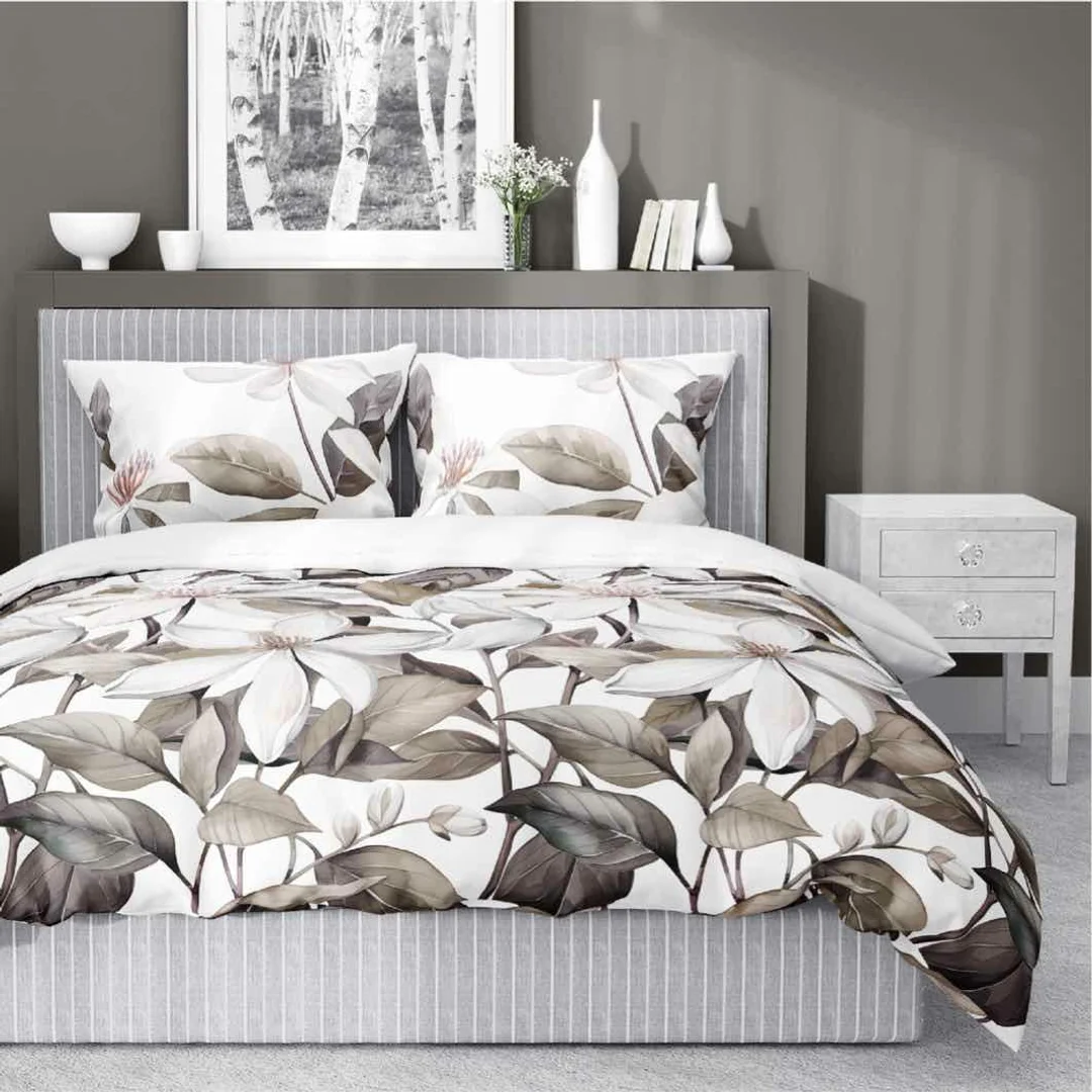 Pościel satynowa 220x200 Biała z beżowymi liśćmi i kwiatami – naturalna elegancja, 100% bawełna - 5481 B - Home Satin 71 — zdjęcie 3
