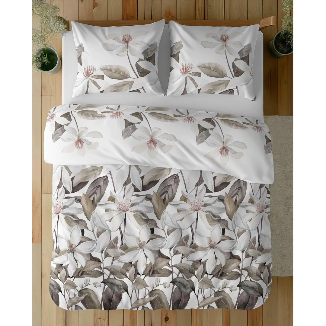 Pościel satynowa 220x200 Biała z beżowymi liśćmi i kwiatami – naturalna elegancja, 100% bawełna - 5481 B - Home Satin 71 — zdjęcie 4