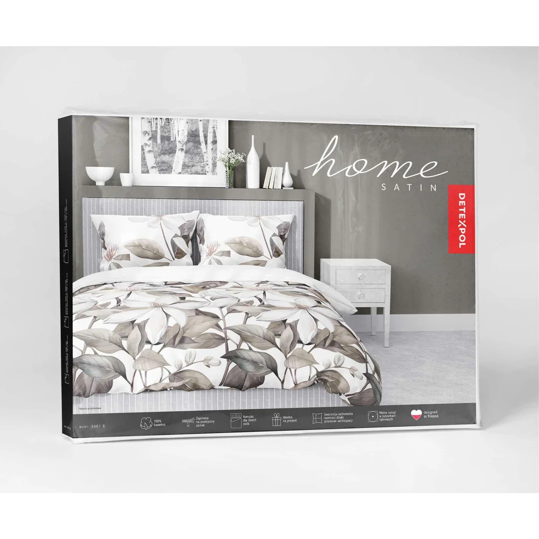 Pościel satynowa 220x200 Biała z beżowymi liśćmi i kwiatami – naturalna elegancja, 100% bawełna - 5481 B - Home Satin 71 — zdjęcie 5