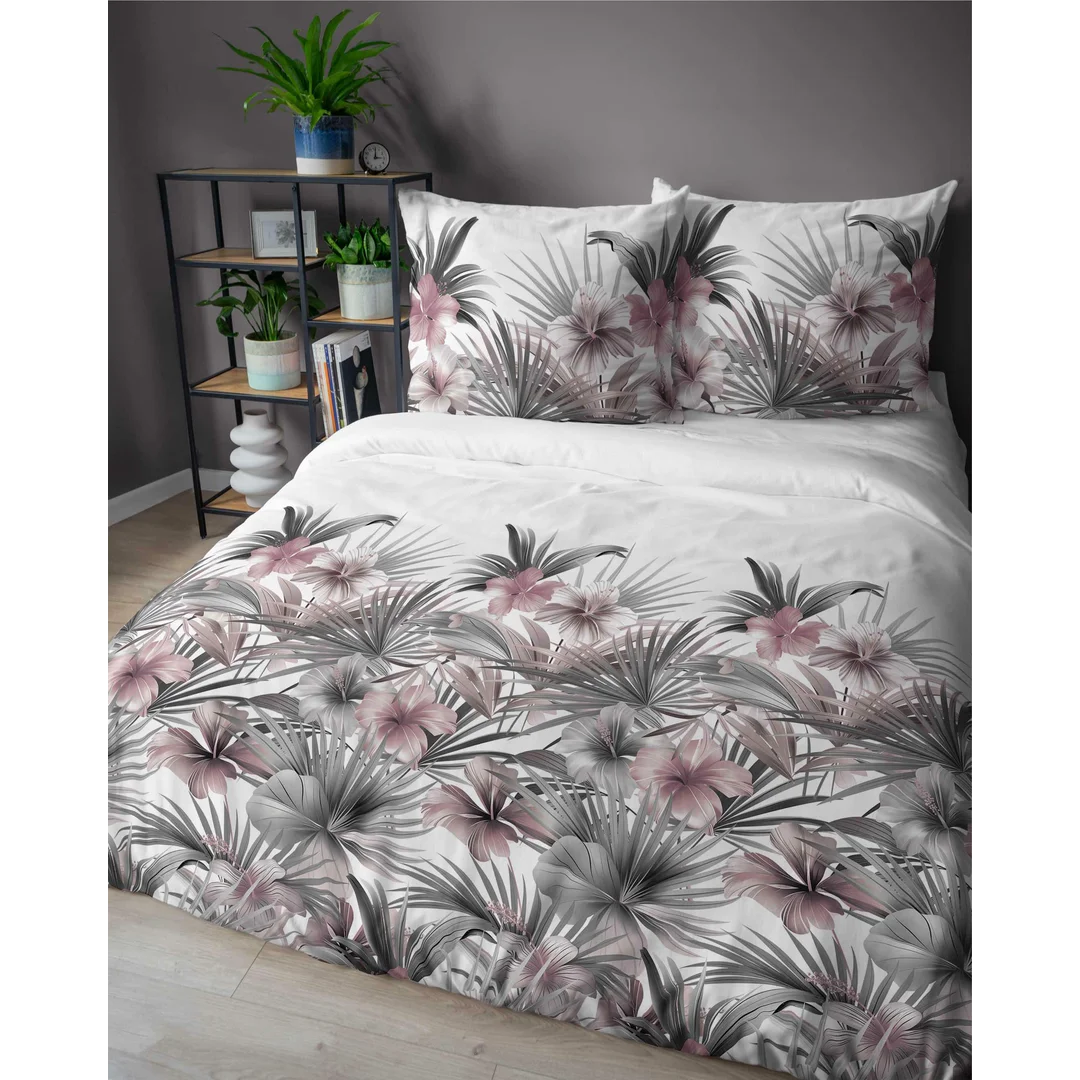 Pościel satynowa 220x200 Biała z liśćmi palmowymi i różowymi hibiskusami – styl tropikalny, 100% bawełna - 5479 B - Home Satin 71 — zdjęcie 2