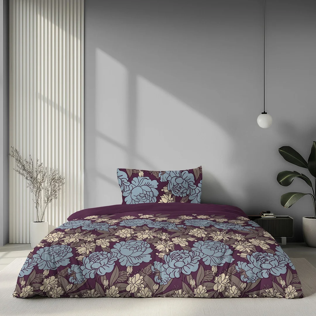 Pościel satynowa 220x200 bordowa w niebieskie beżowe kwiaty - 6065 B - Home Satin — zdjęcie 2