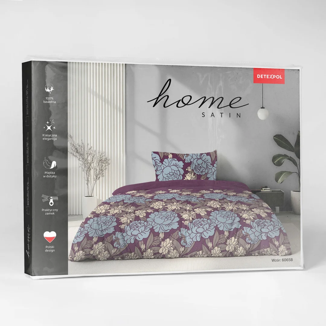 Pościel satynowa 220x200 bordowa w niebieskie beżowe kwiaty - 6065 B - Home Satin — zdjęcie 3