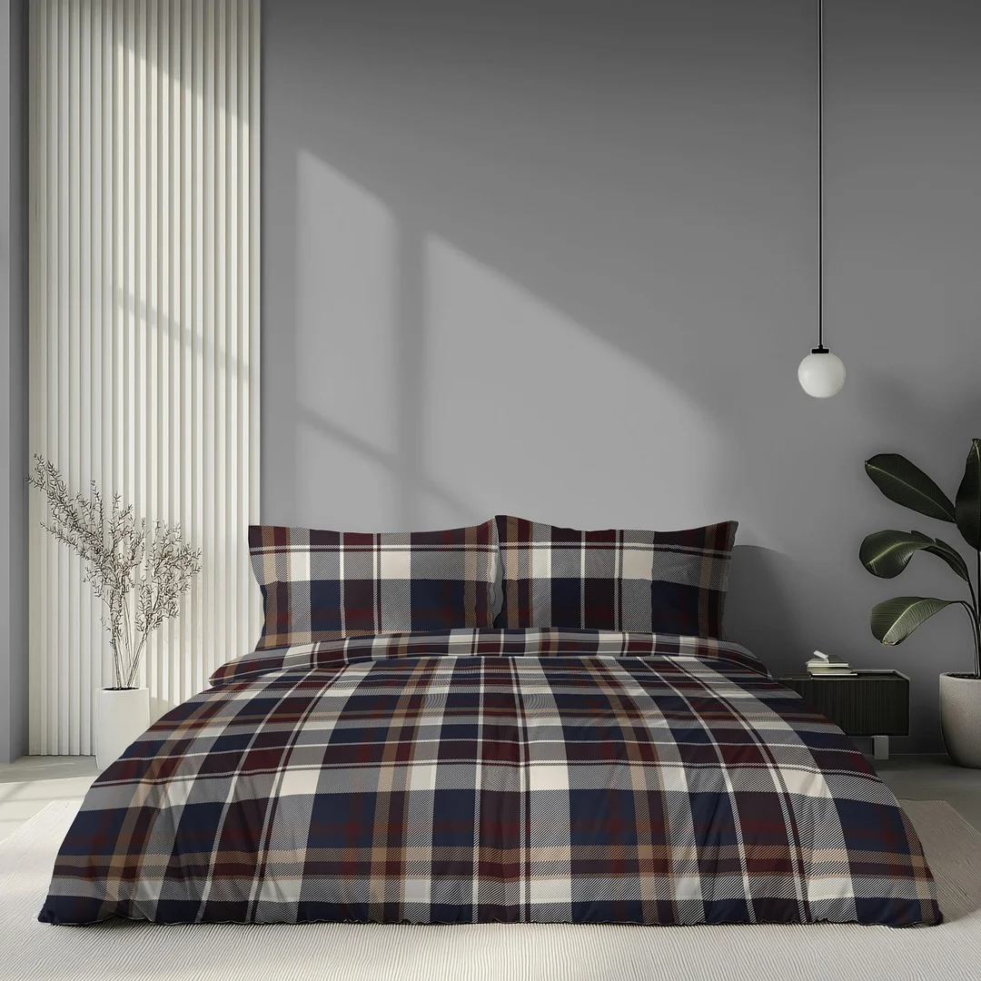 Pościel satynowa 220x200 granatowa bordowa beżowa w kratę - 6072 A - Home Satin — zdjęcie 4