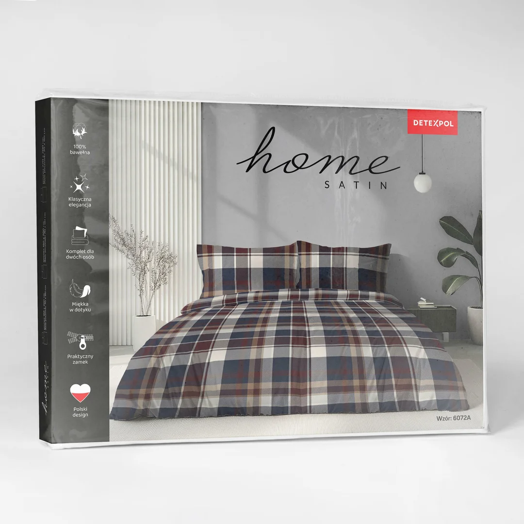 Pościel satynowa 220x200 granatowa bordowa beżowa w kratę - 6072 A - Home Satin — zdjęcie 6
