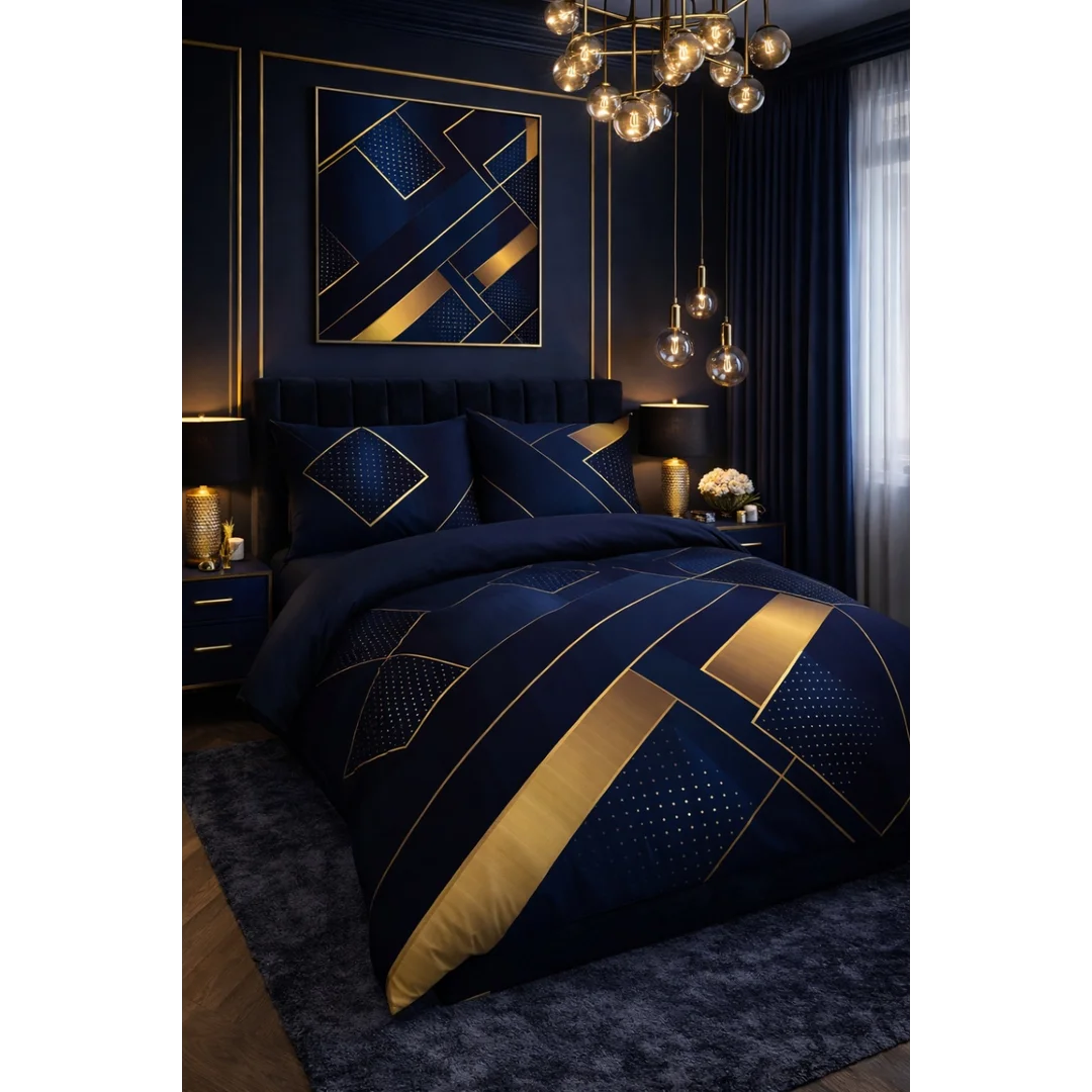 Pościel satynowa 220x200 granatowa złota geometria Prestige 1 — zdjęcie 4