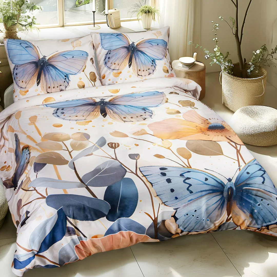 Pościel satynowa 220x200 Motyle kremowa niebieska 12410 SATYNLOVE PREMIUM — zdjęcie 2