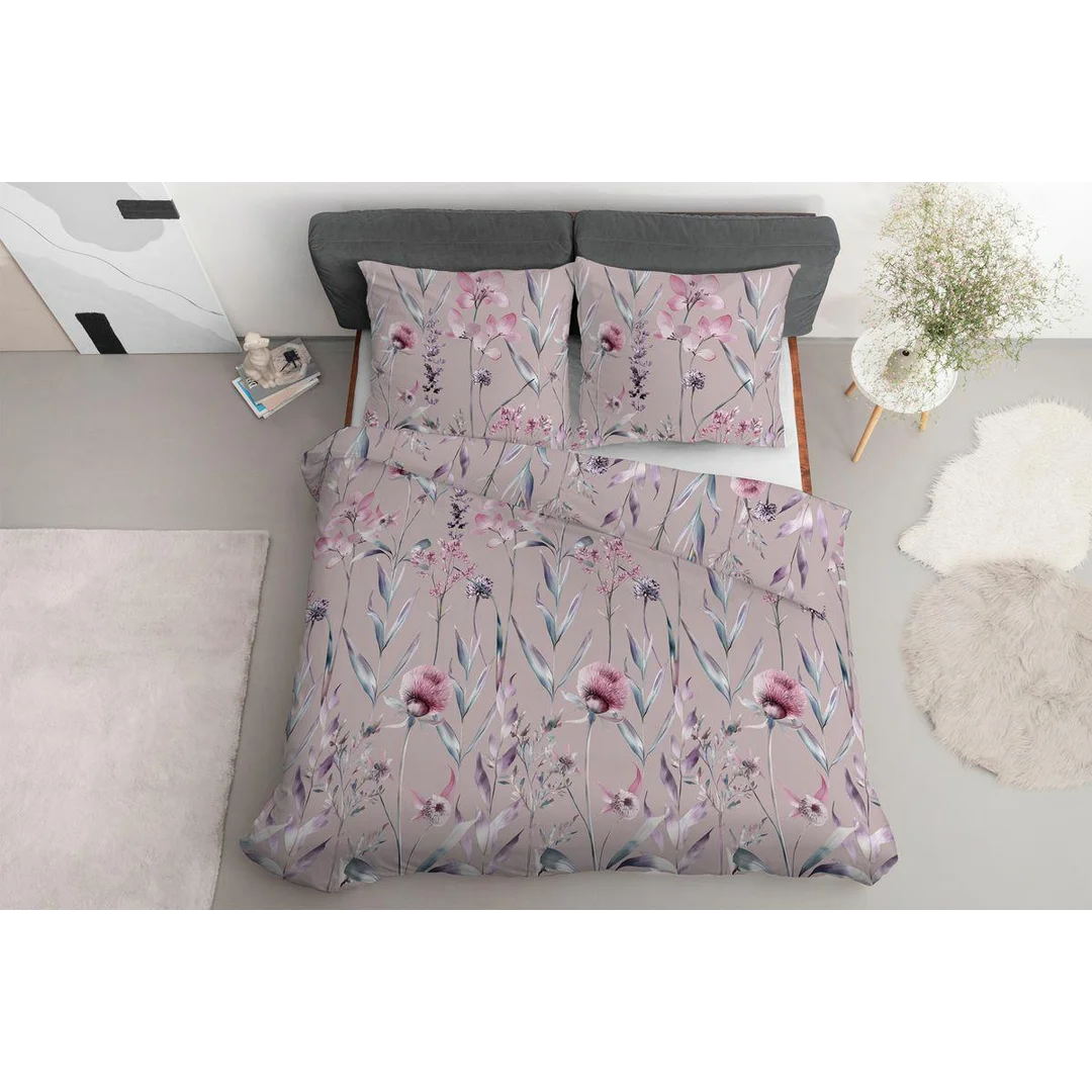 Pościel satynowa 220x200 pudrowa w pastelowe kwiaty – 5811 B – Botanica Satin — zdjęcie 4