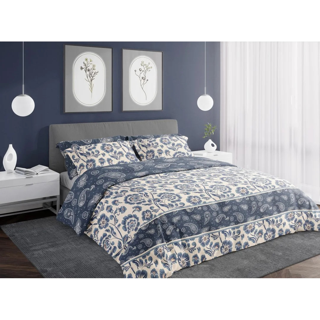 Pościel satynowa 220x200 Pure Sateen 008 kremowa niebieska kwiaty Faro — zdjęcie 2