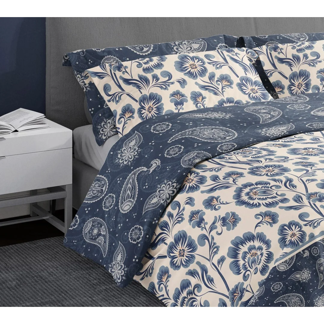 Pościel satynowa 220x200 Pure Sateen 008 kremowa niebieska kwiaty Faro — zdjęcie 3
