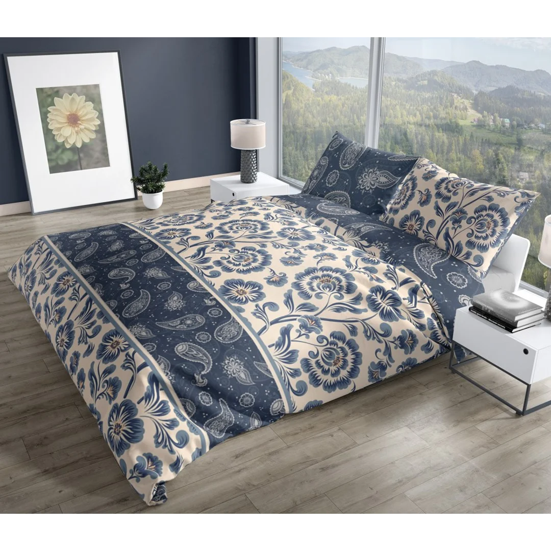 Pościel satynowa 220x200 Pure Sateen 008 kremowa niebieska kwiaty Faro — zdjęcie 4